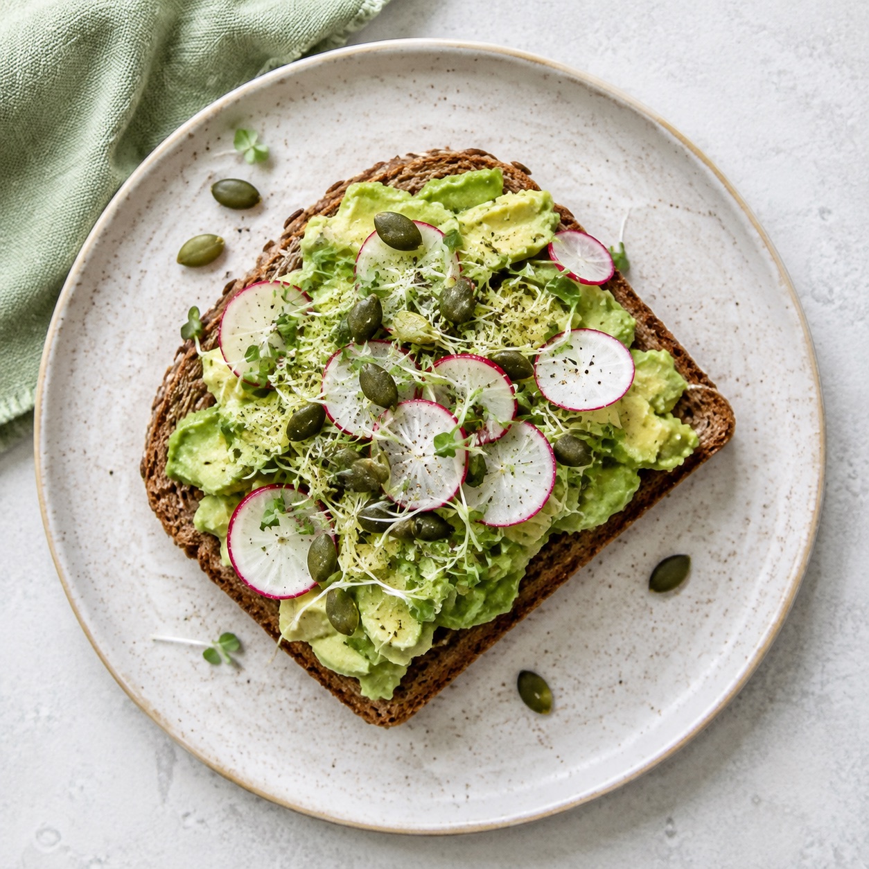 Volkoren toast met avocado, radijs en kiemgroenten