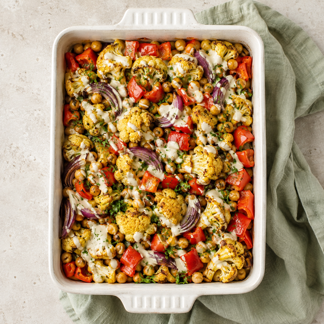 Traybake met bloemkool, kikkererwten en paprika