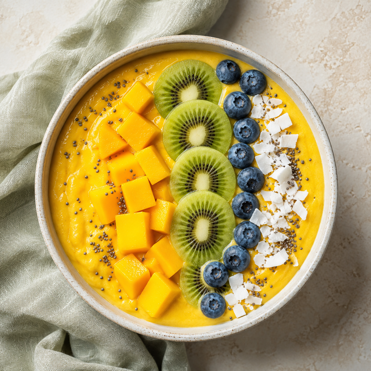 Mango-smoothiebowl met kiwi en blauwe bessen