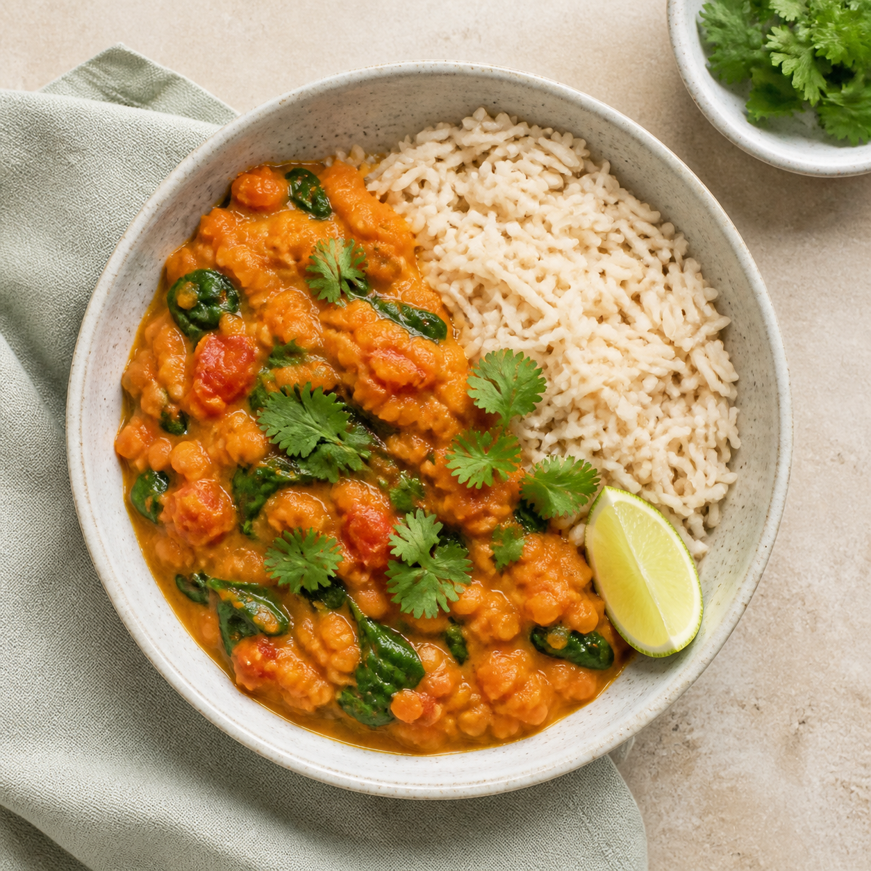 Milde rode-linzencurry met spinazie en zilvervliesrijst
