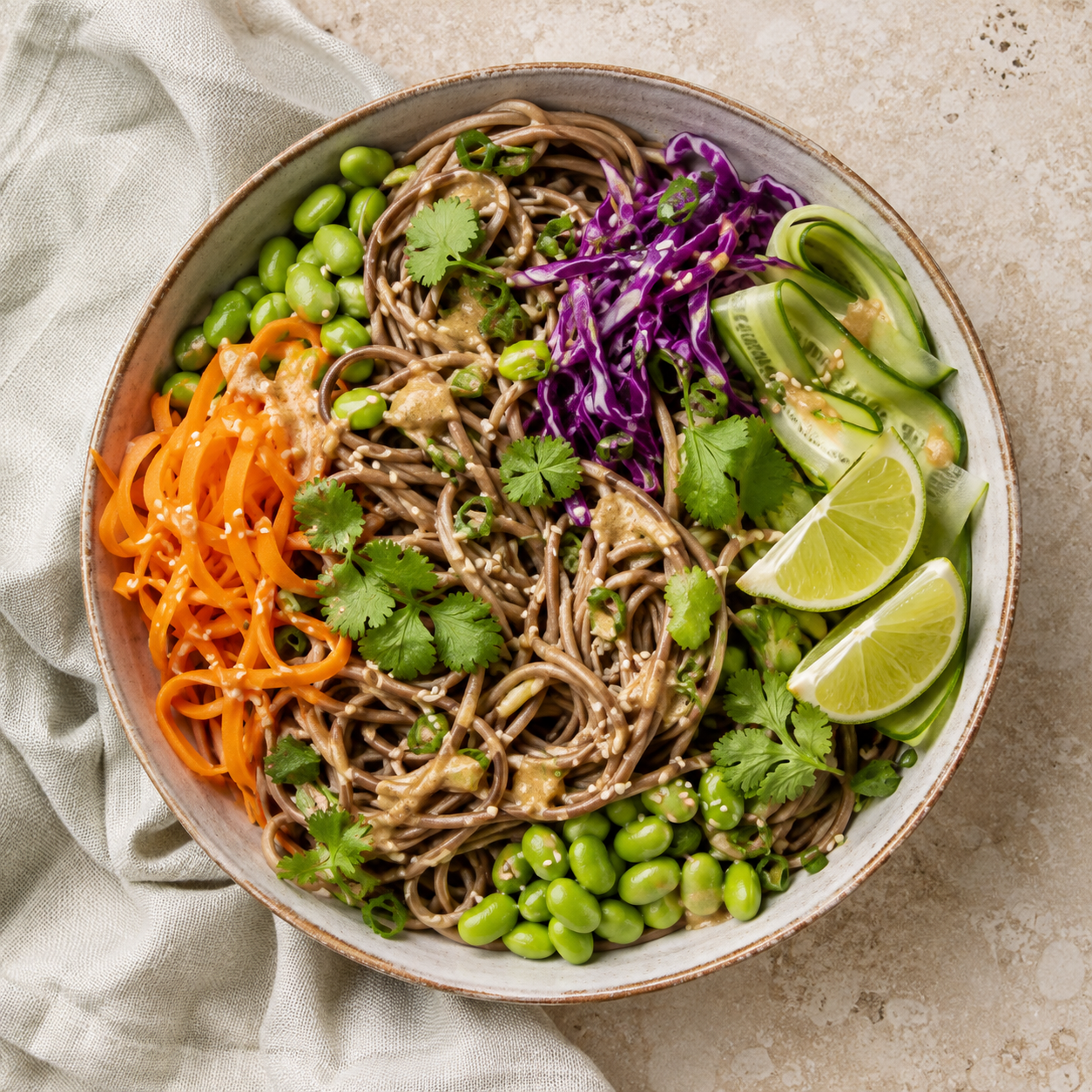 Soba-noedelbowl met edamame en kleurrijke groenten